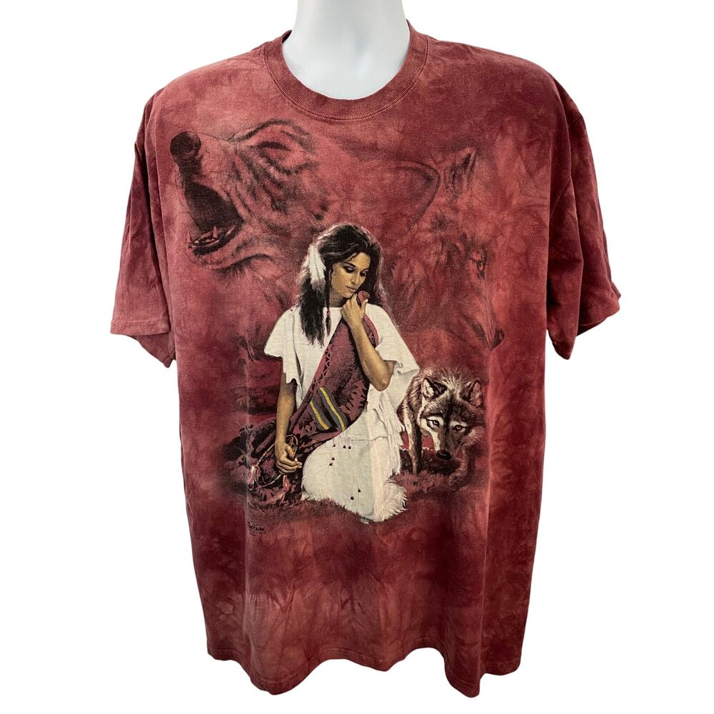 Vintage Native American Female Face The Mountain Tie Dye T Shirt X-Large Red